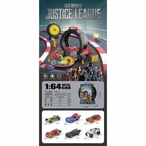 Justice League Tire Parking Playset with 3 Push-Along Alloy Cars